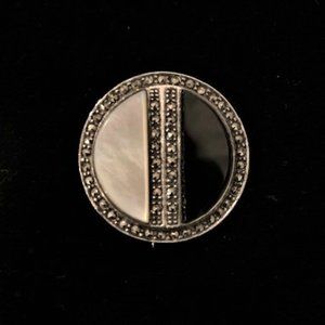 Vintage 80's Marcasite Brooch Pin w Onyx and Mother of Pearl